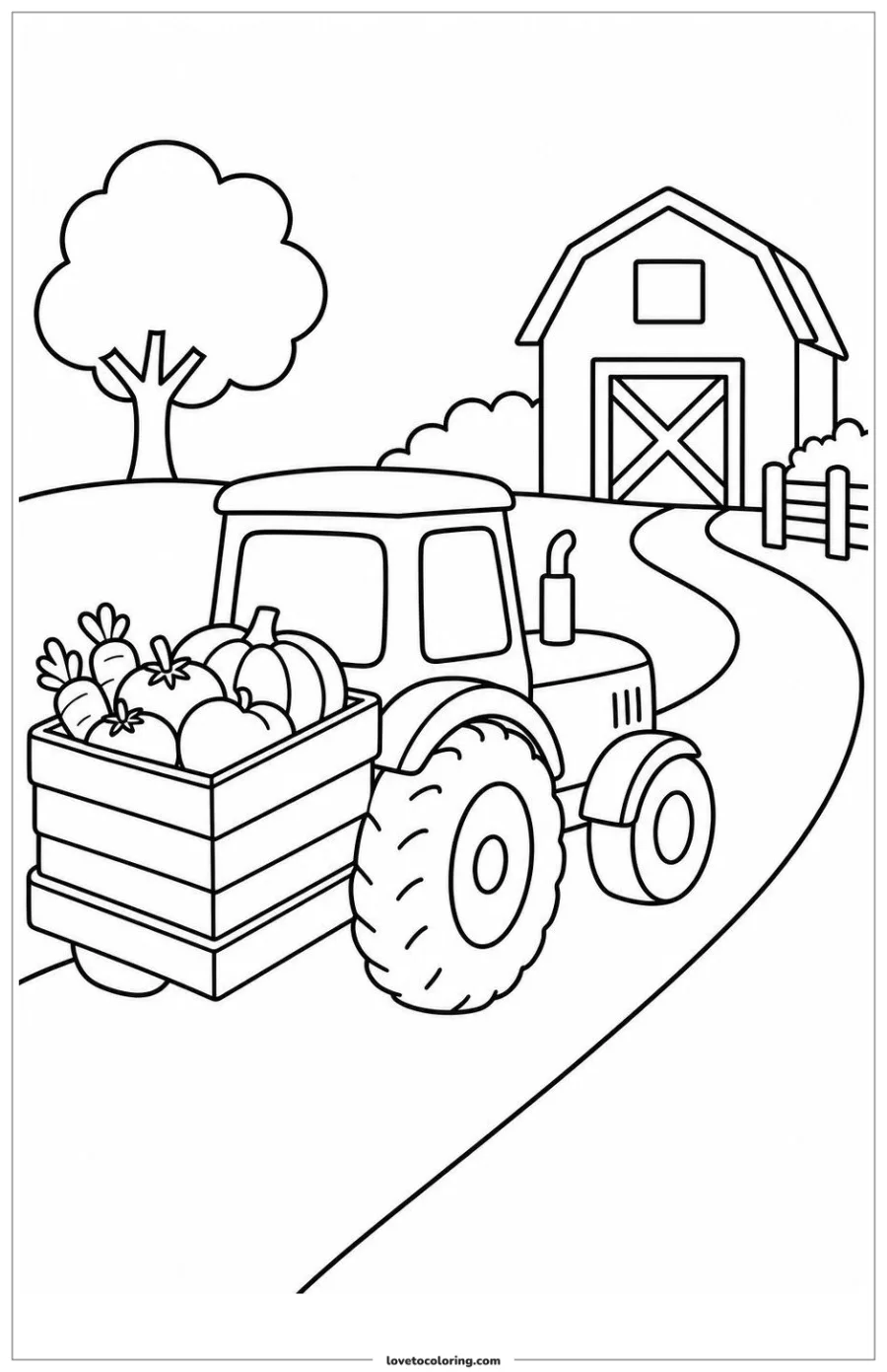 Dibujo para colorear de tractor delivering produce toward a farmyard