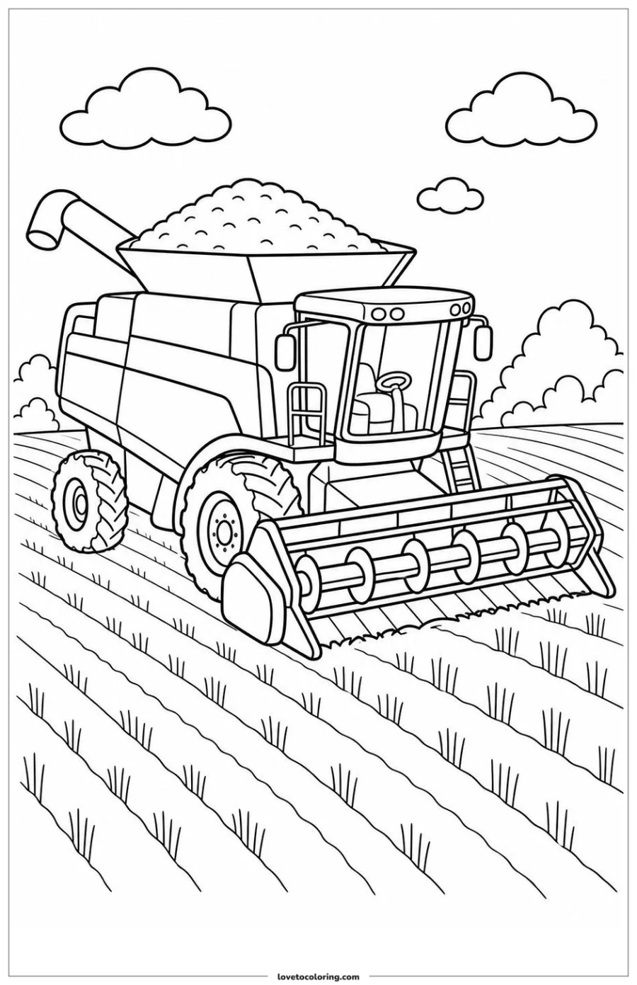 Black-and-white printable coloring page showing a combine harvester carrying a harvested load.