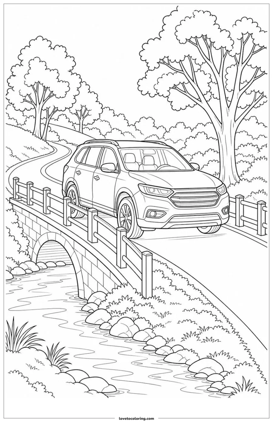 Dibujo para colorear de family car crossing a short bridge