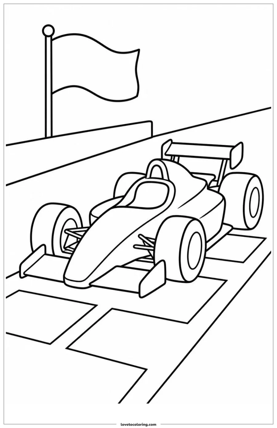Black-and-white printable coloring page showing a race car leaving a starting grid without numbers.
