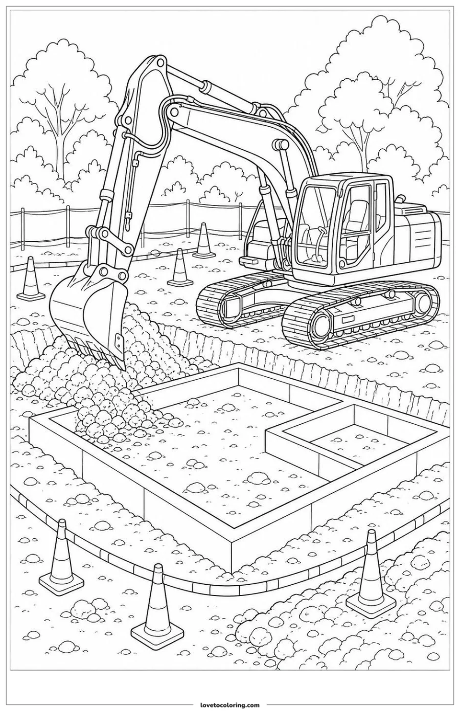 Dibujo para colorear de excavator digging beside a foundation outline