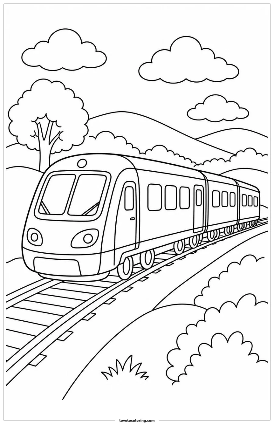 Dibujo para colorear de passenger train pulling a short visible line of carriages