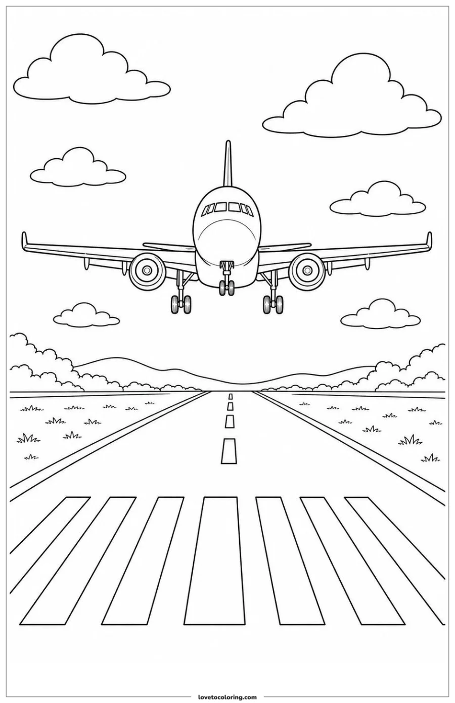 Black-and-white printable coloring page showing an airplane lifting above the runway threshold.