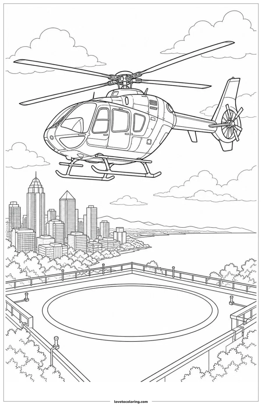 Dibujo para colorear de helicopter climbing above a city-edge helipad