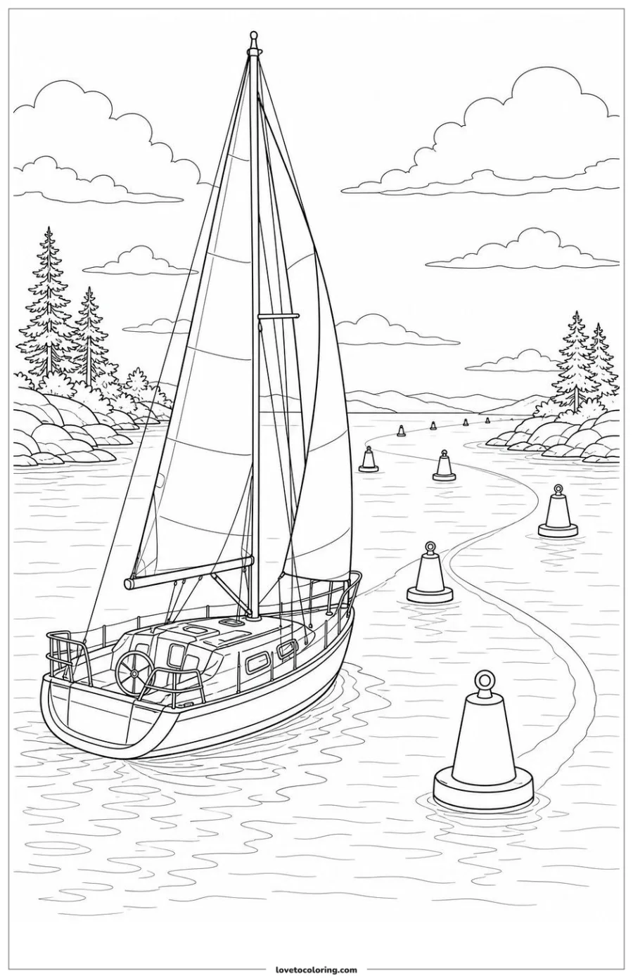 Black-and-white printable coloring page showing a sailboat following a buoy-marked channel.