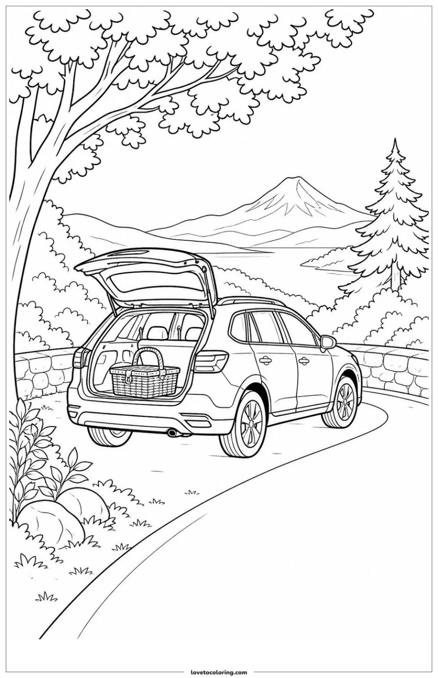 Dibujo para colorear de family car parking beside a scenic overlook