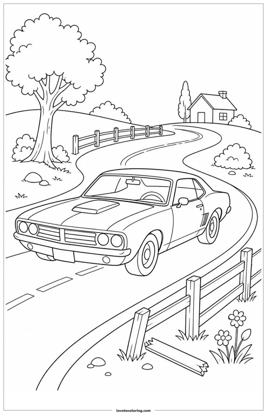 Dibujo para colorear de classic car traveling along a curved country road