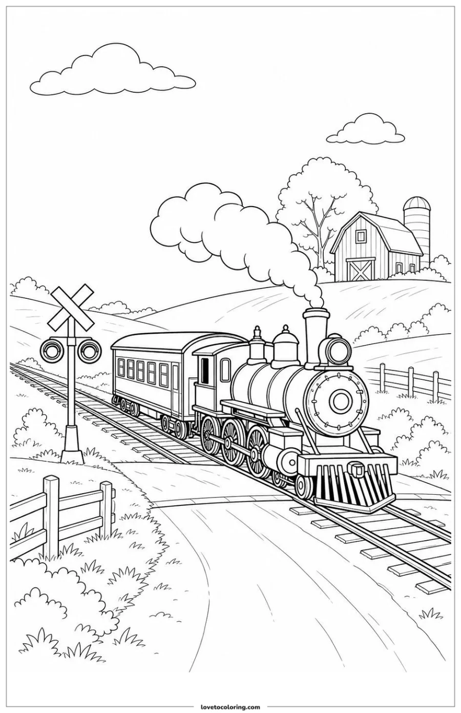 Black-and-white printable coloring page showing a steam train passing a level crossing safely.