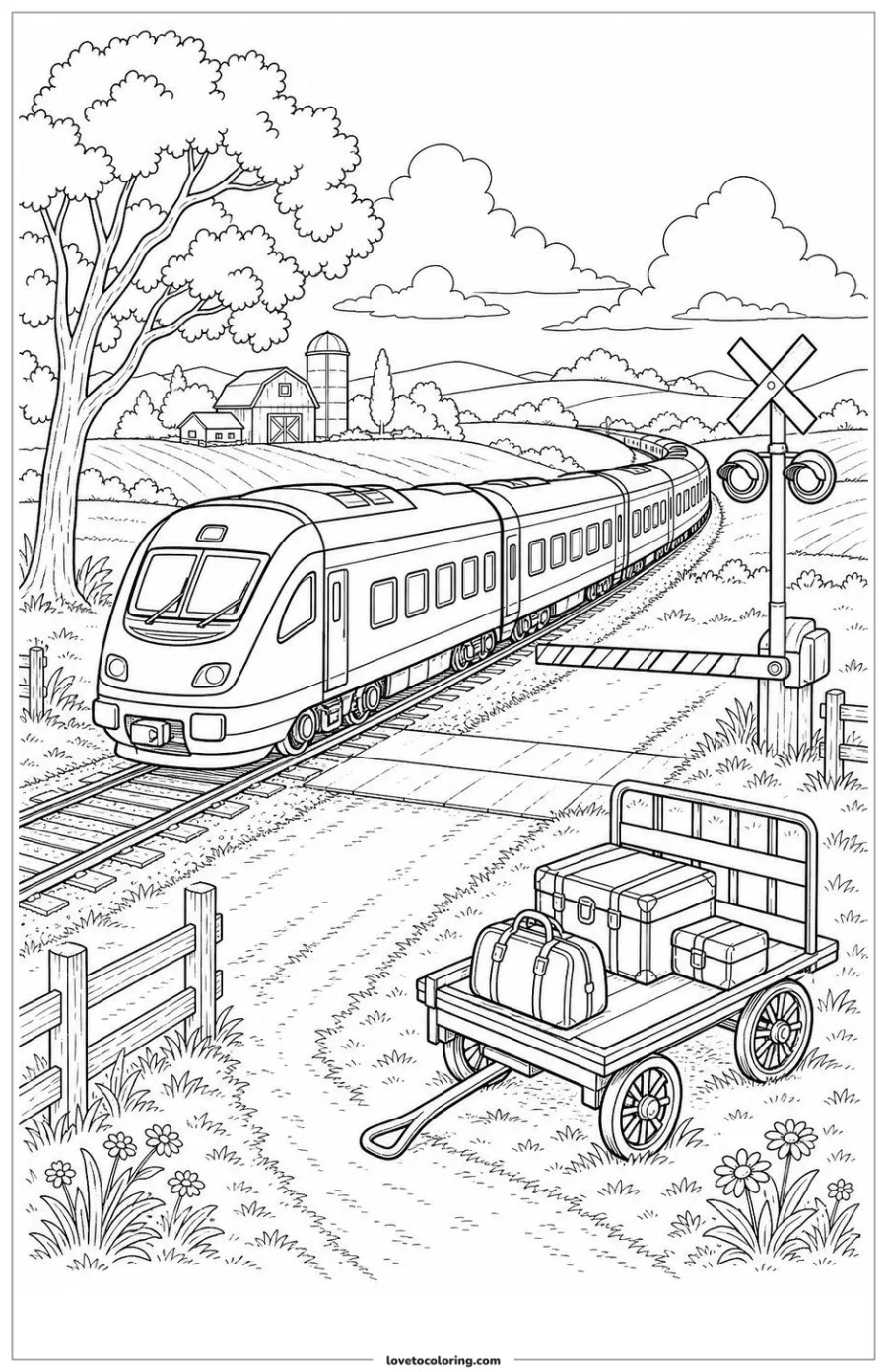 Dibujo para colorear de passenger train passing a level crossing safely