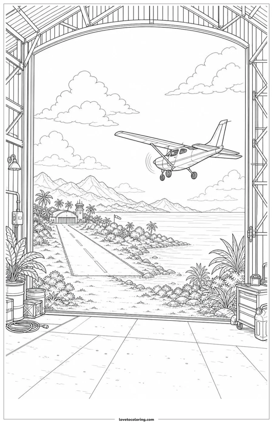 Black-and-white printable coloring page showing an airplane approaching a small island airfield.
