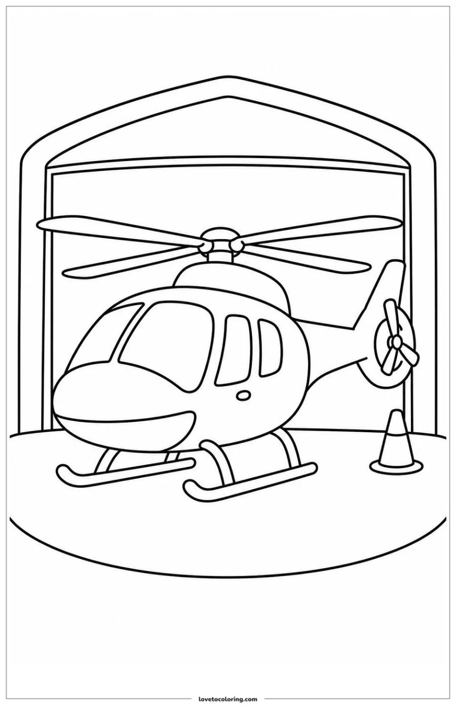 Black-and-white printable coloring page showing a helicopter parking with rotors still.
