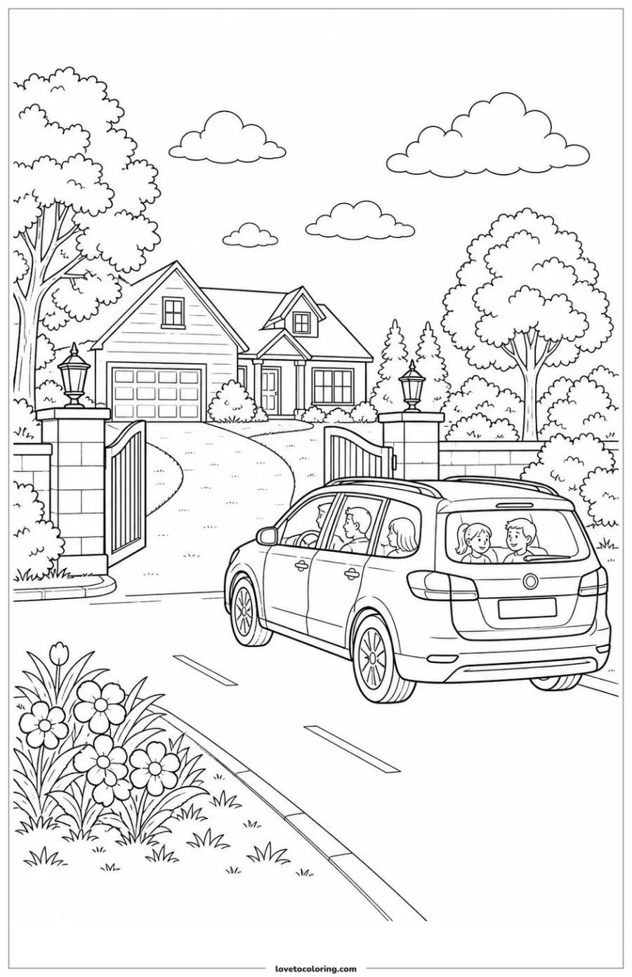 Black-and-white printable coloring page showing a family car approaching a safe driveway.