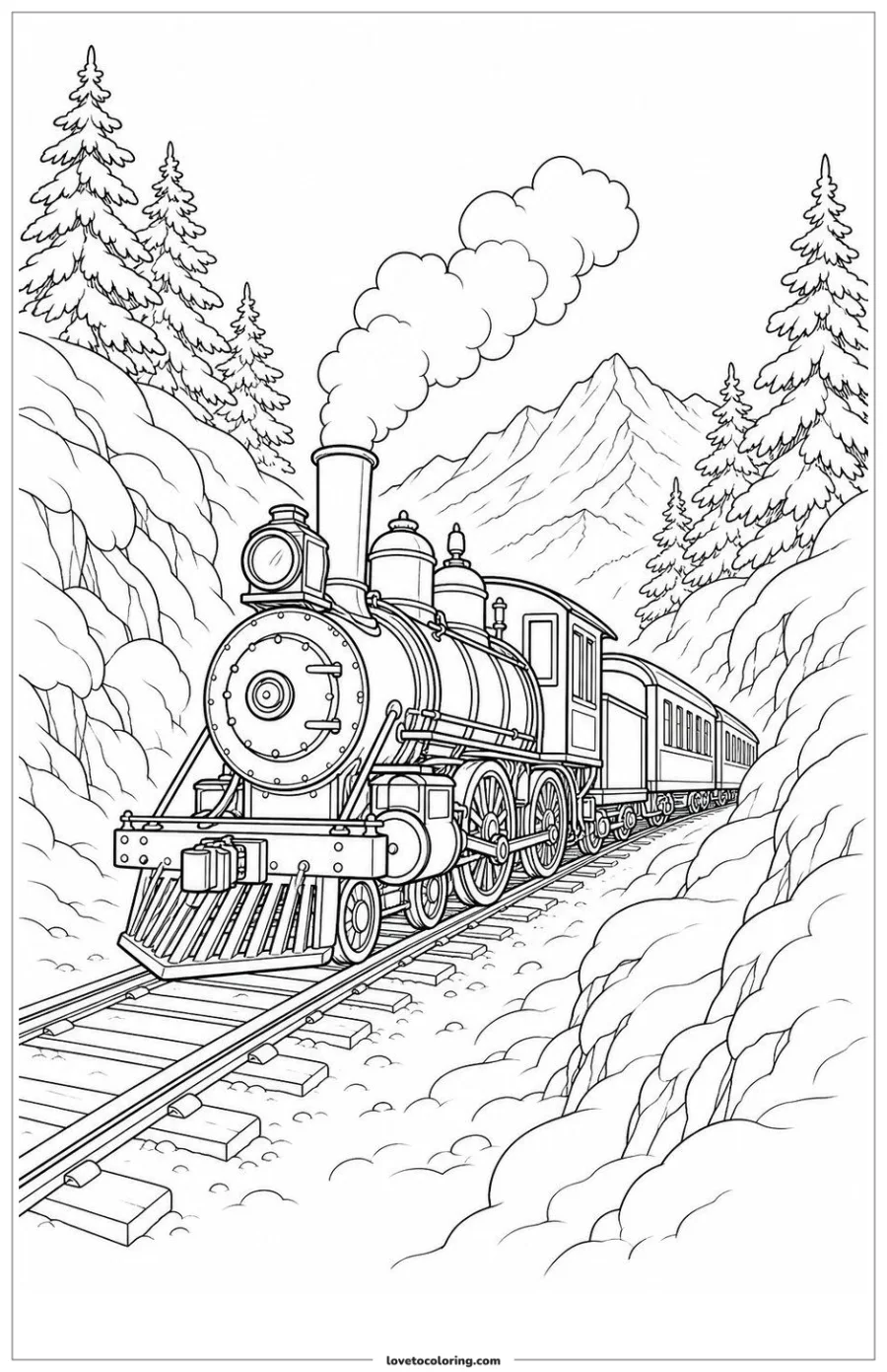 Dibujo para colorear de steam train climbing through a snowy cutting