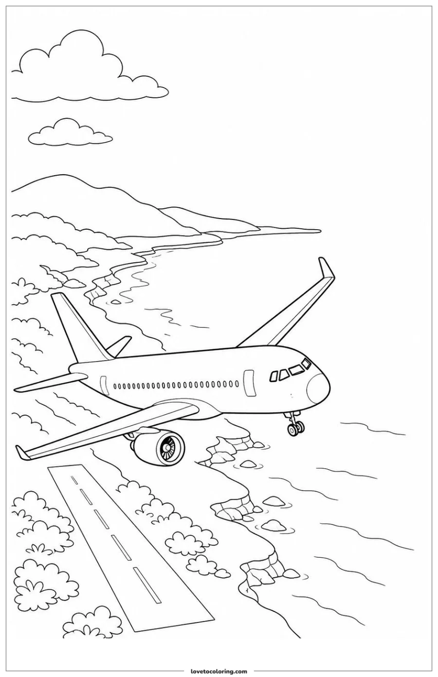 Dibujo para colorear de airplane turning above a coastline