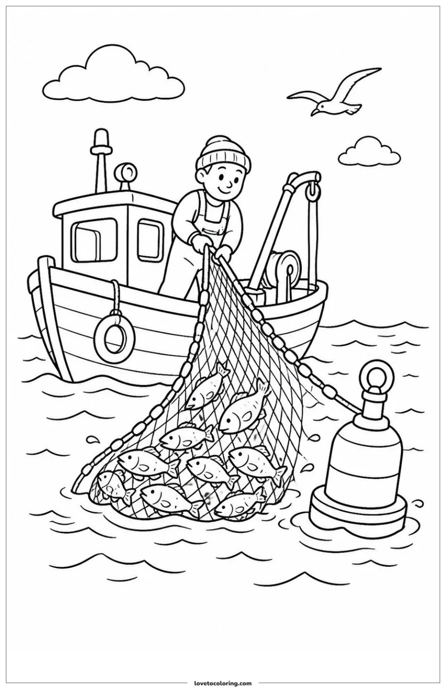Small fishing boat hauling a net beside a buoy in calm coastal water.
