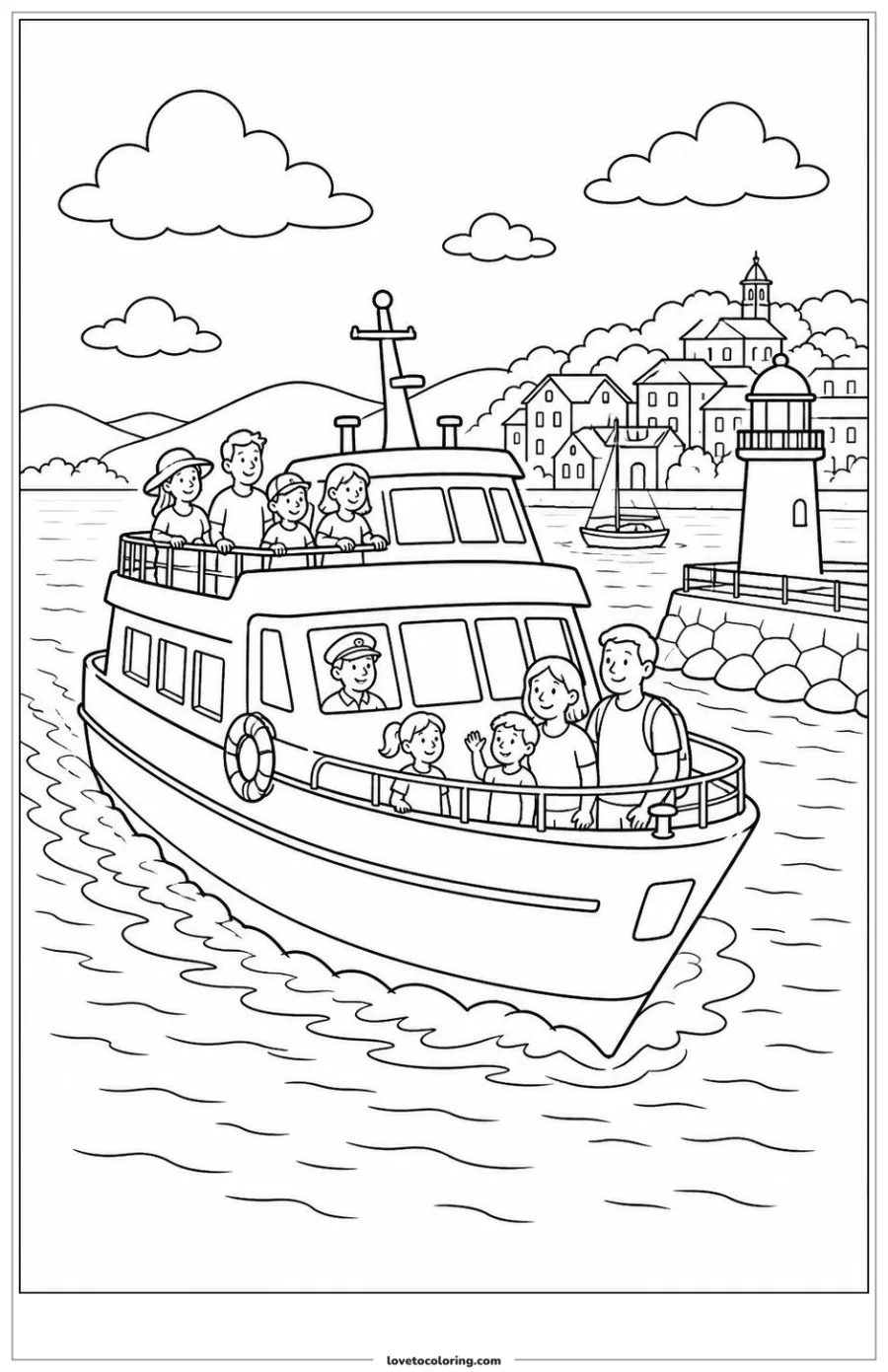 Passenger ferry carrying families across a sheltered bay toward a harbor.