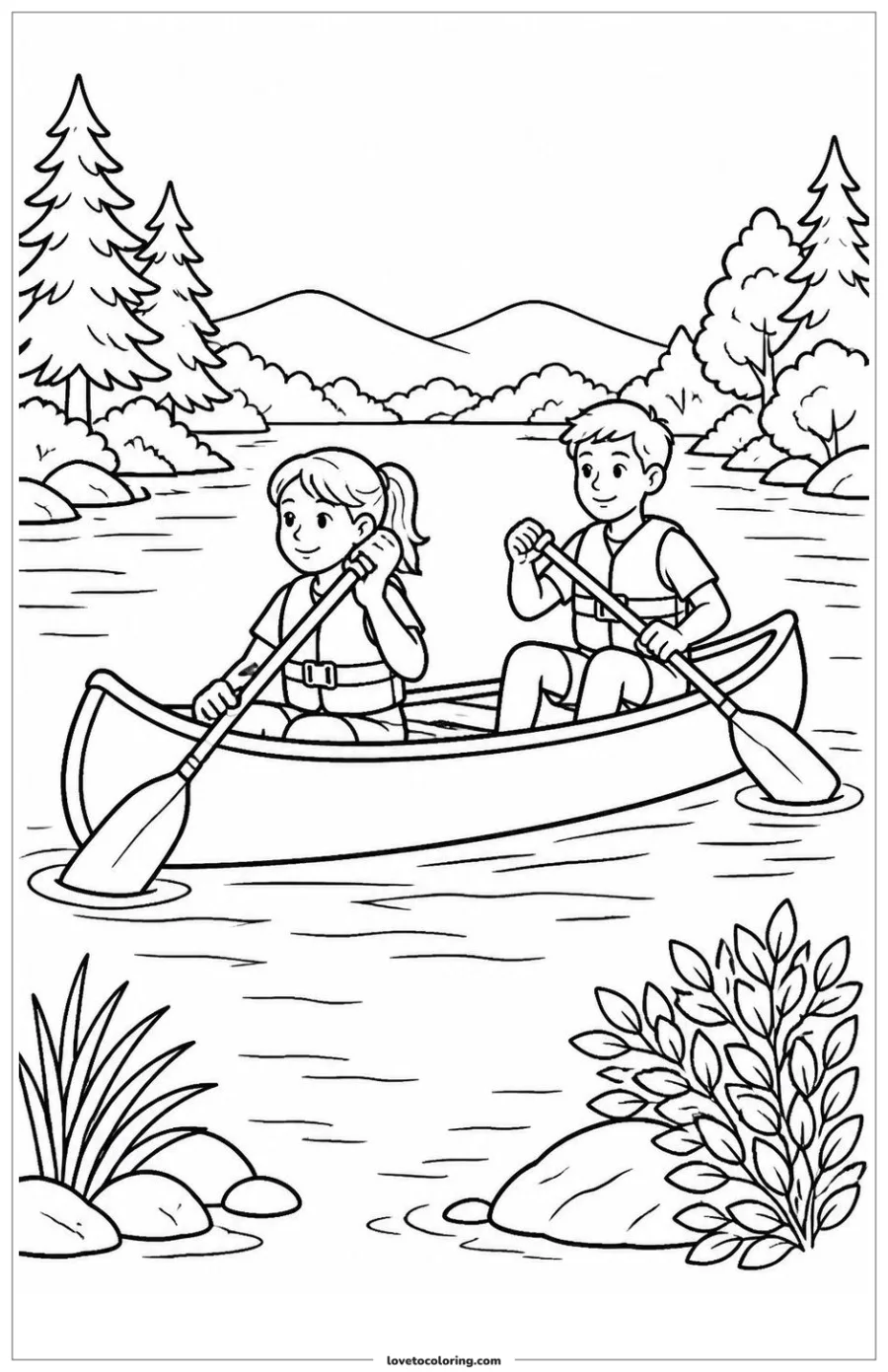 Canoe with two paddlers crossing a quiet tree-lined lake.