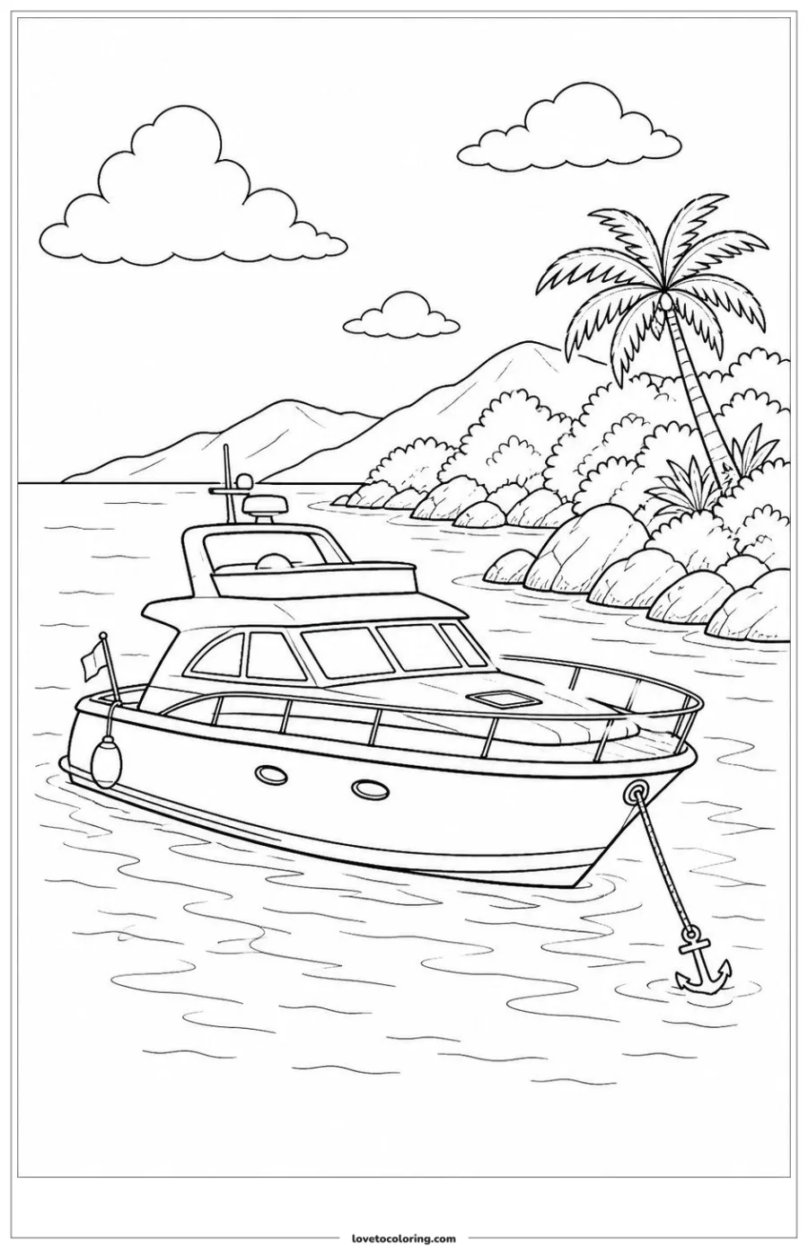 Small yacht resting at anchor near a coastal island.