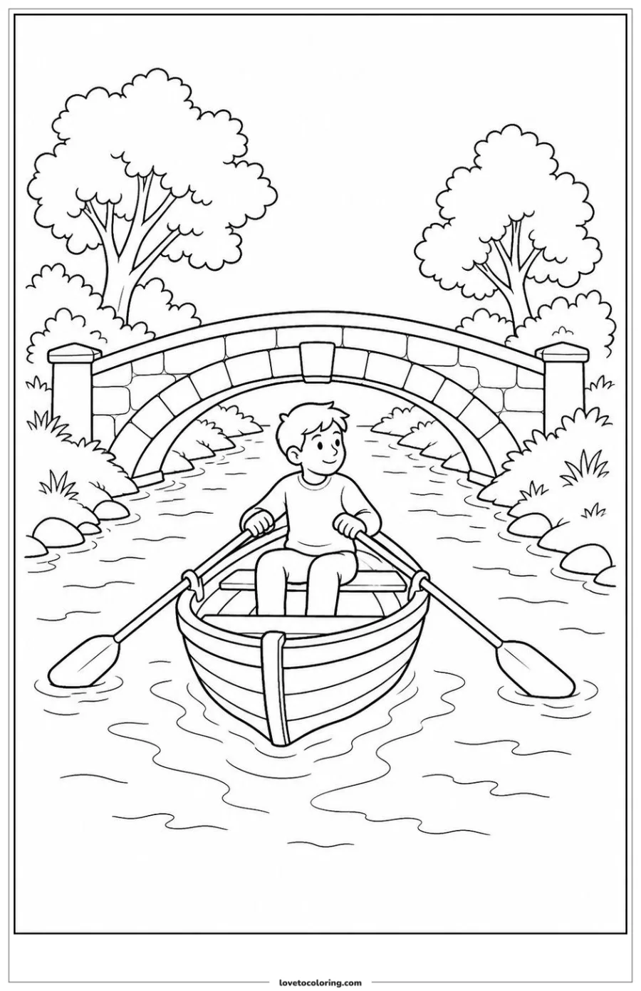 Rowboat with one person crossing a narrow river beneath a bridge.