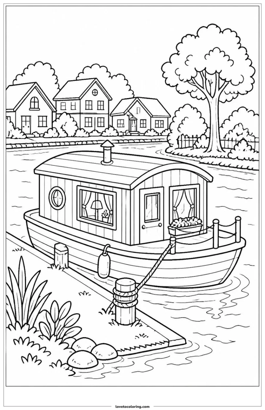 Small houseboat moored beside a quiet riverside neighborhood.