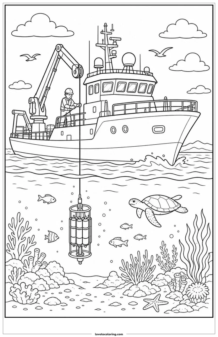 Research vessel lowering a sampling line in a broad ocean research area.