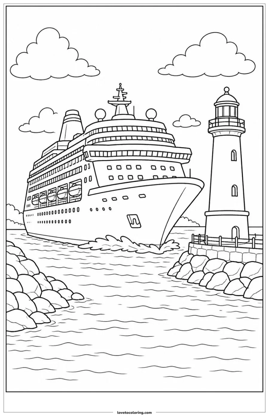Large passenger cruise ship entering a harbor beside a lighthouse.