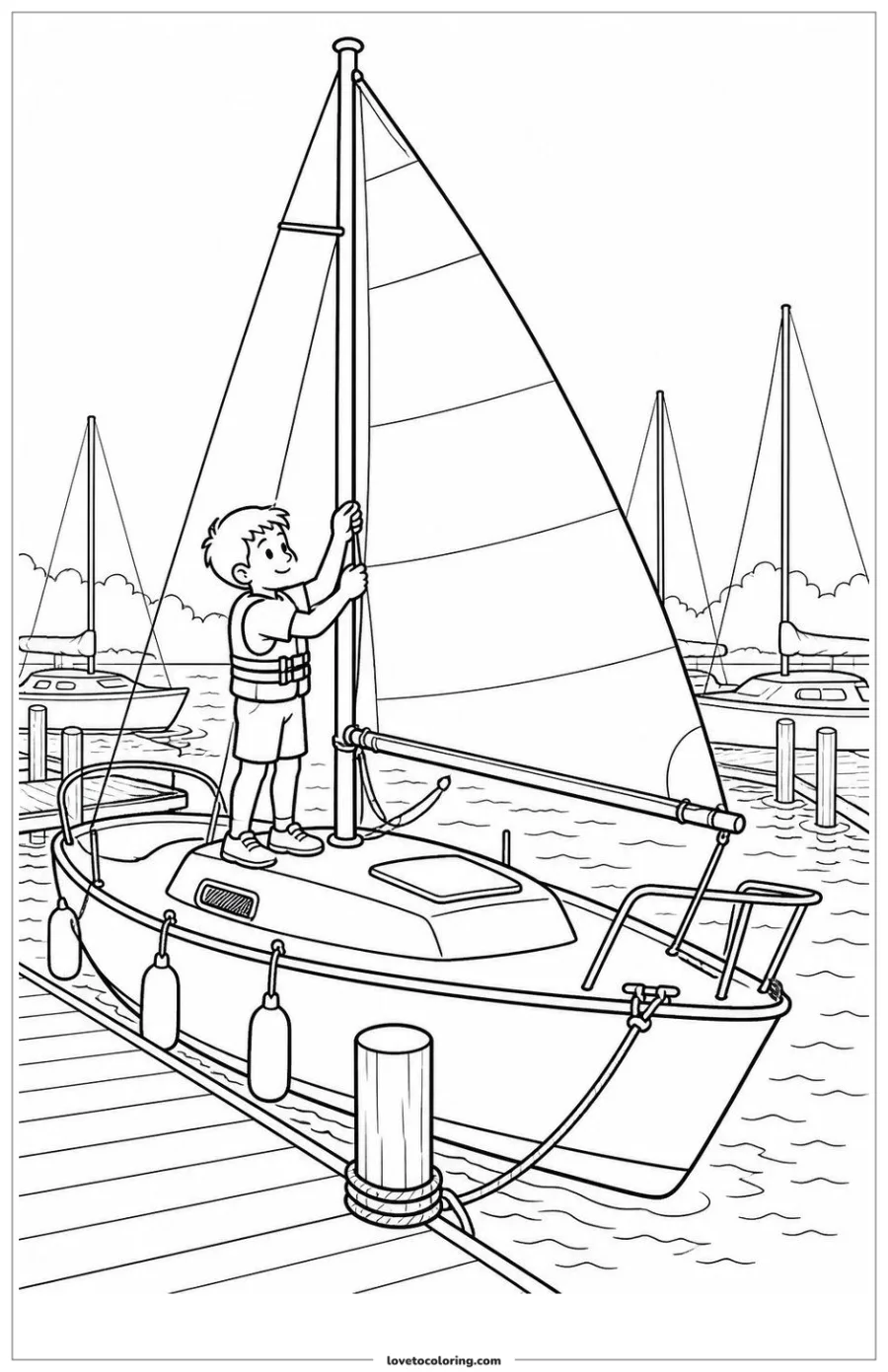Sailboat raising its main sail at a marina dock.
