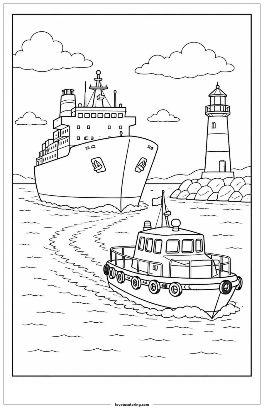 Harbor pilot boat guiding a larger ship through a lighthouse channel.