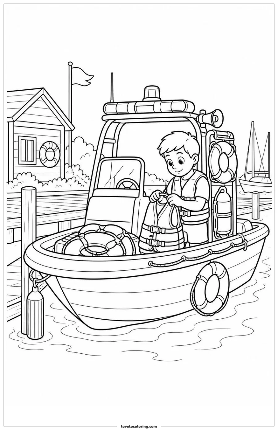 Rescue boat carrying life rings and safety gear at a community marina.