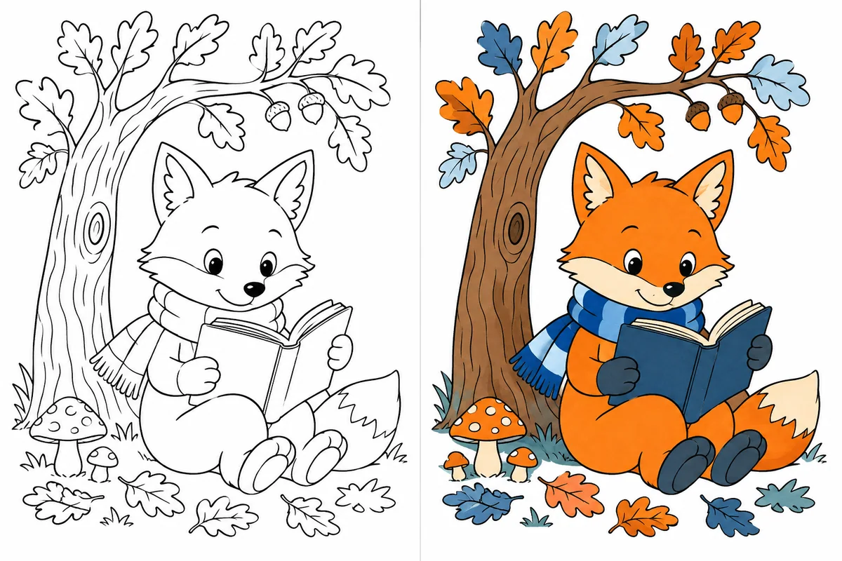 Fox reading beneath an oak tree shown as line art and a blue-orange colored result