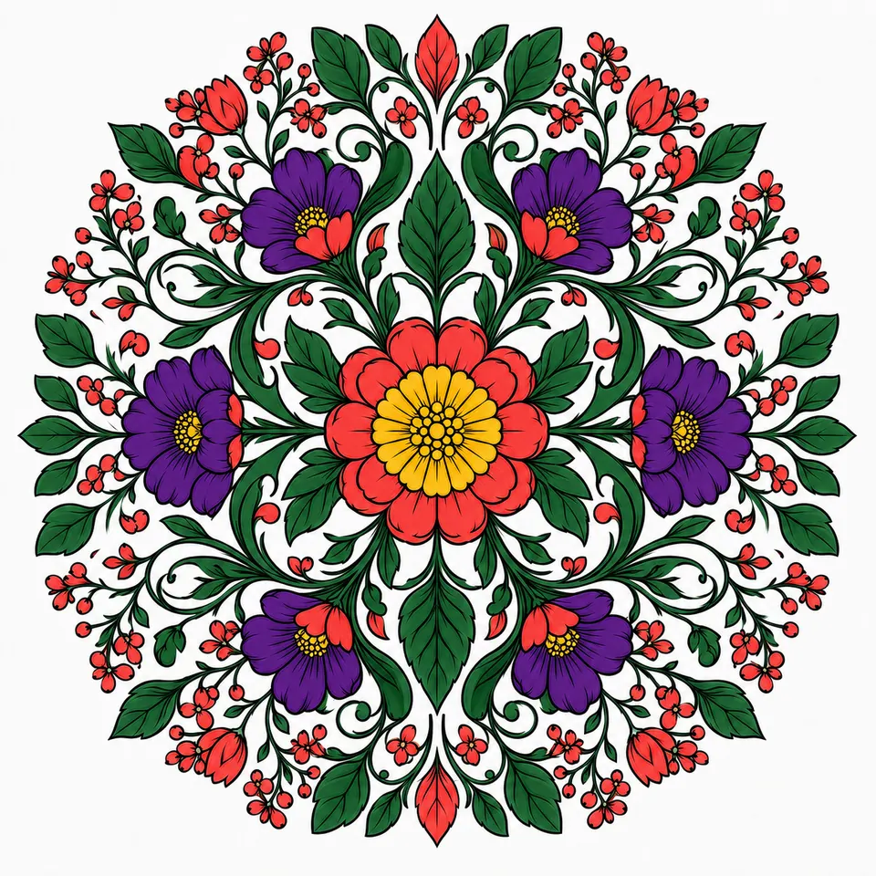 Botanical mandala colored in deep green, purple and other jewel tones
