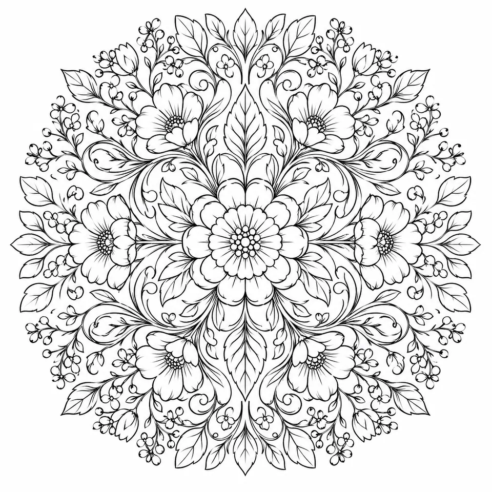 Black-and-white botanical mandala with repeating flowers and leaves