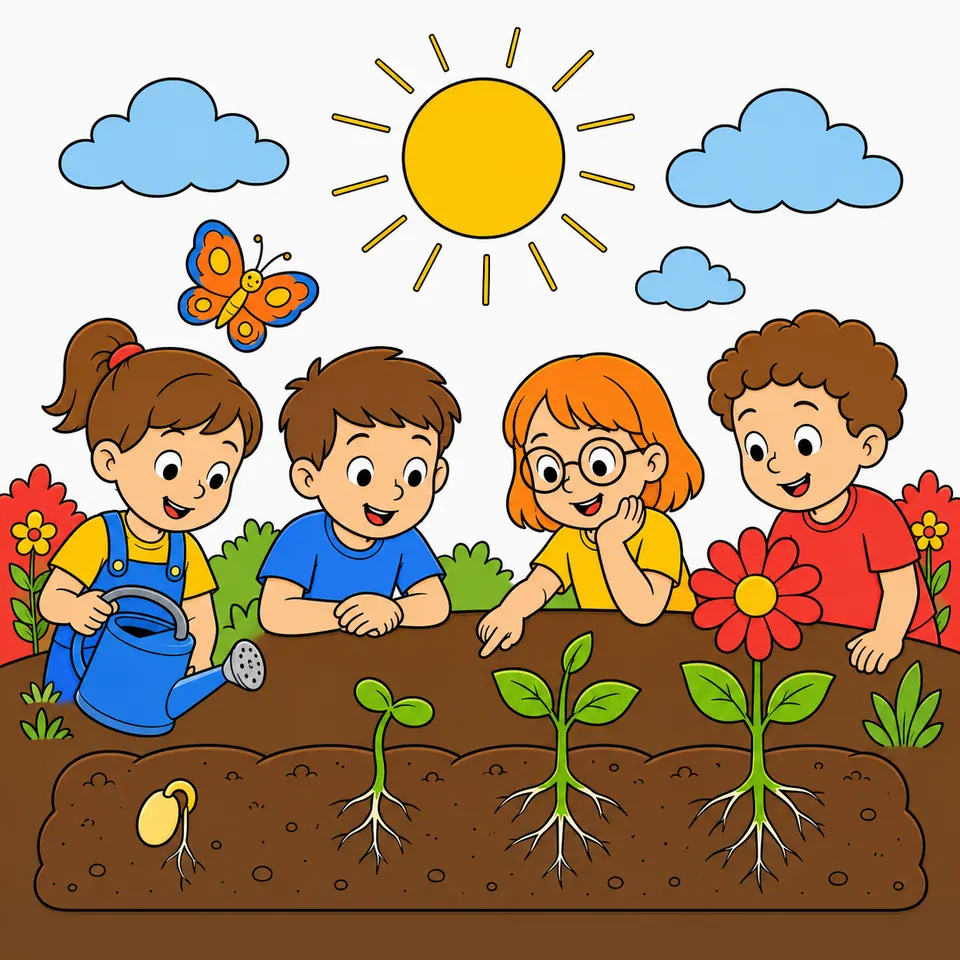 Plant-growth illustration colored with a bright triadic palette