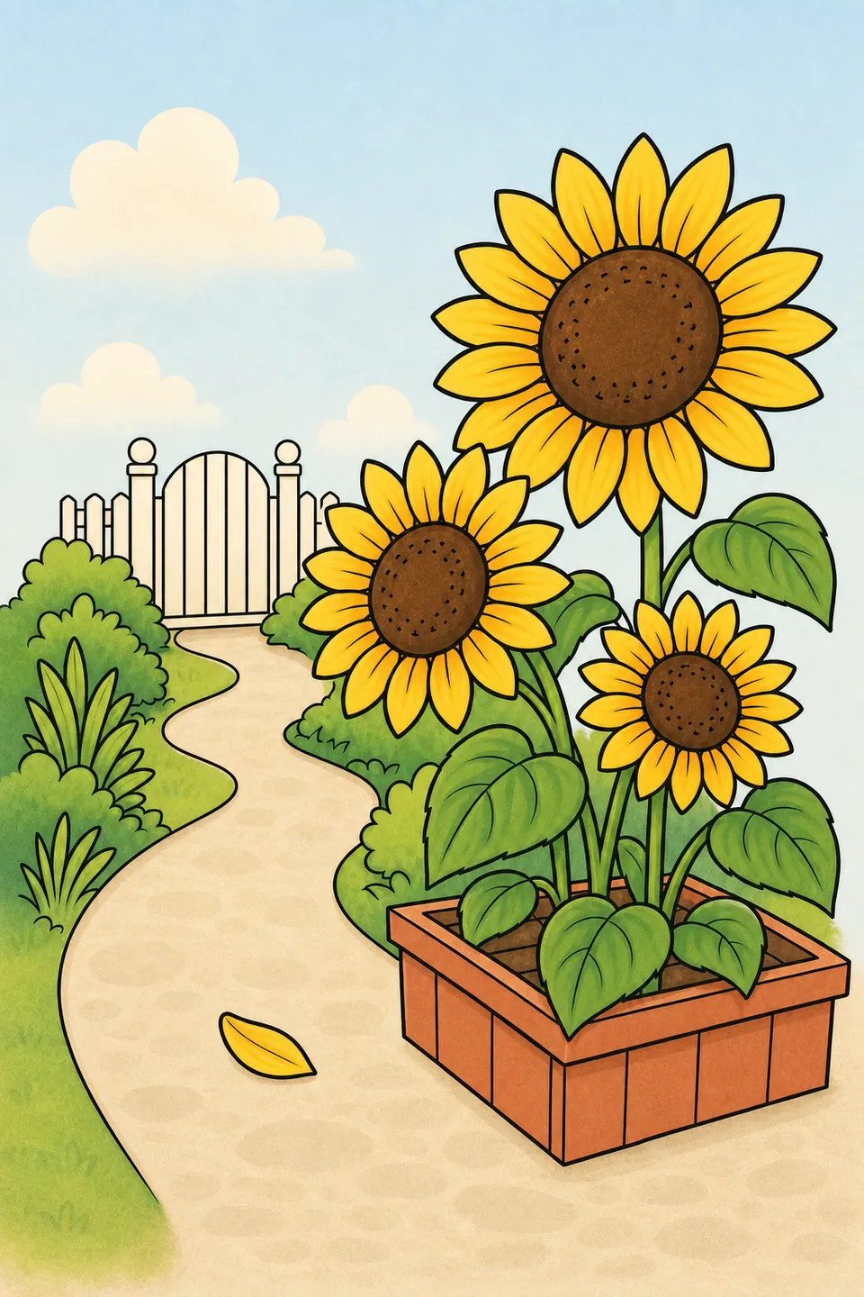 Sunflower garden drawing with yellow flowers, green leaves and a warm colored path
