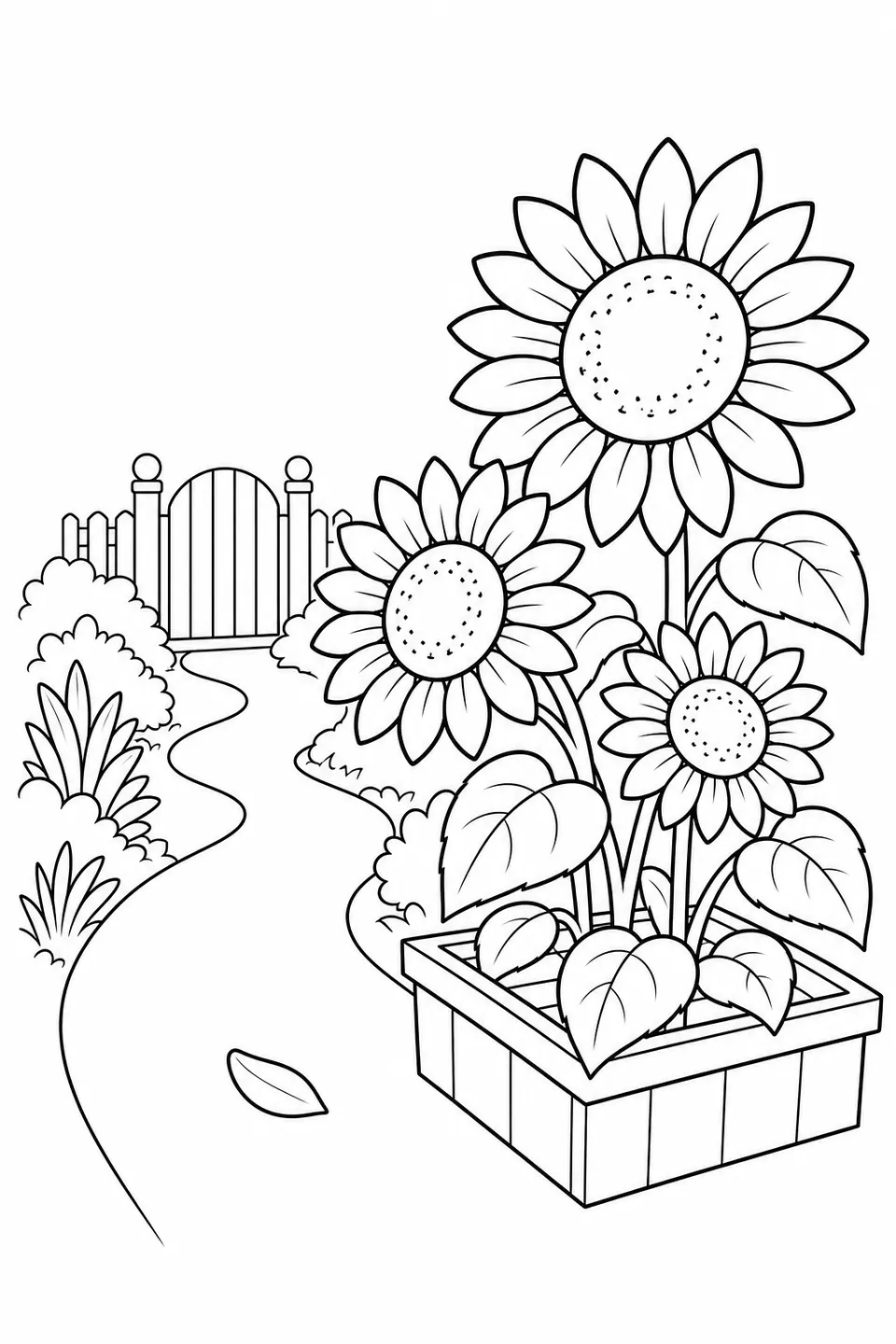 Black-and-white outline drawing of sunflowers beside a winding garden path