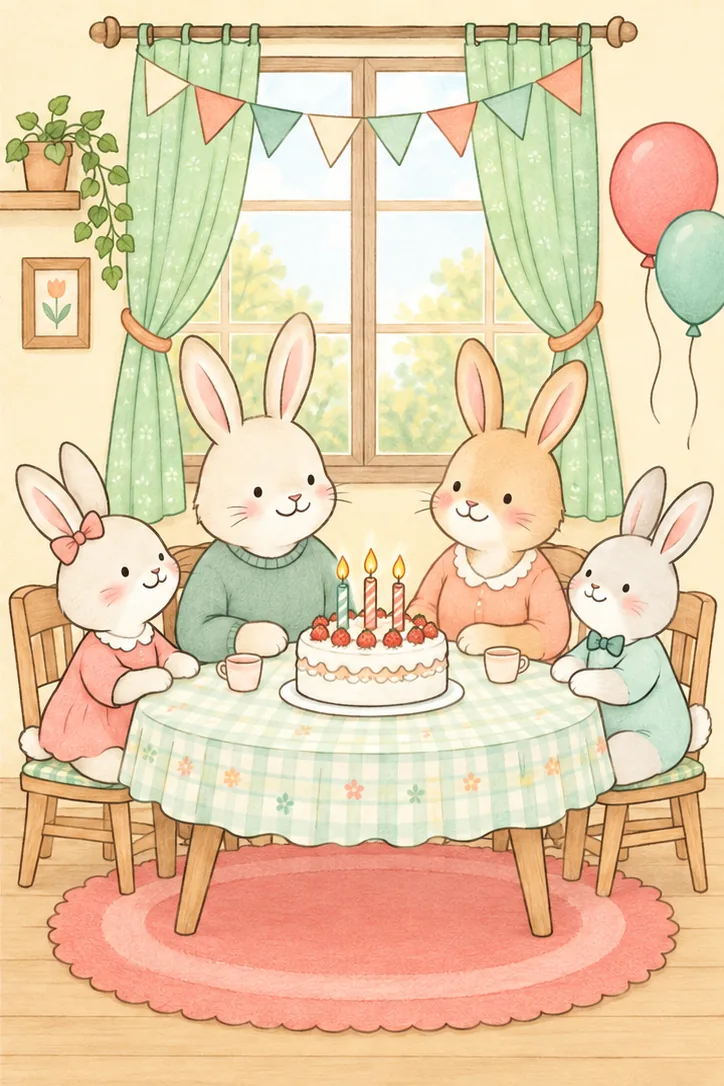 Rabbit family birthday scene colored in warm cream, mint and coral