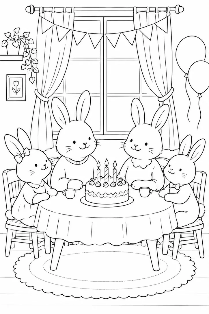 Black-and-white coloring page of a rabbit family celebrating a birthday at home