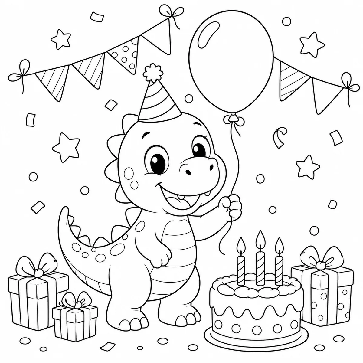 A friendly dinosaur birthday scene in line art