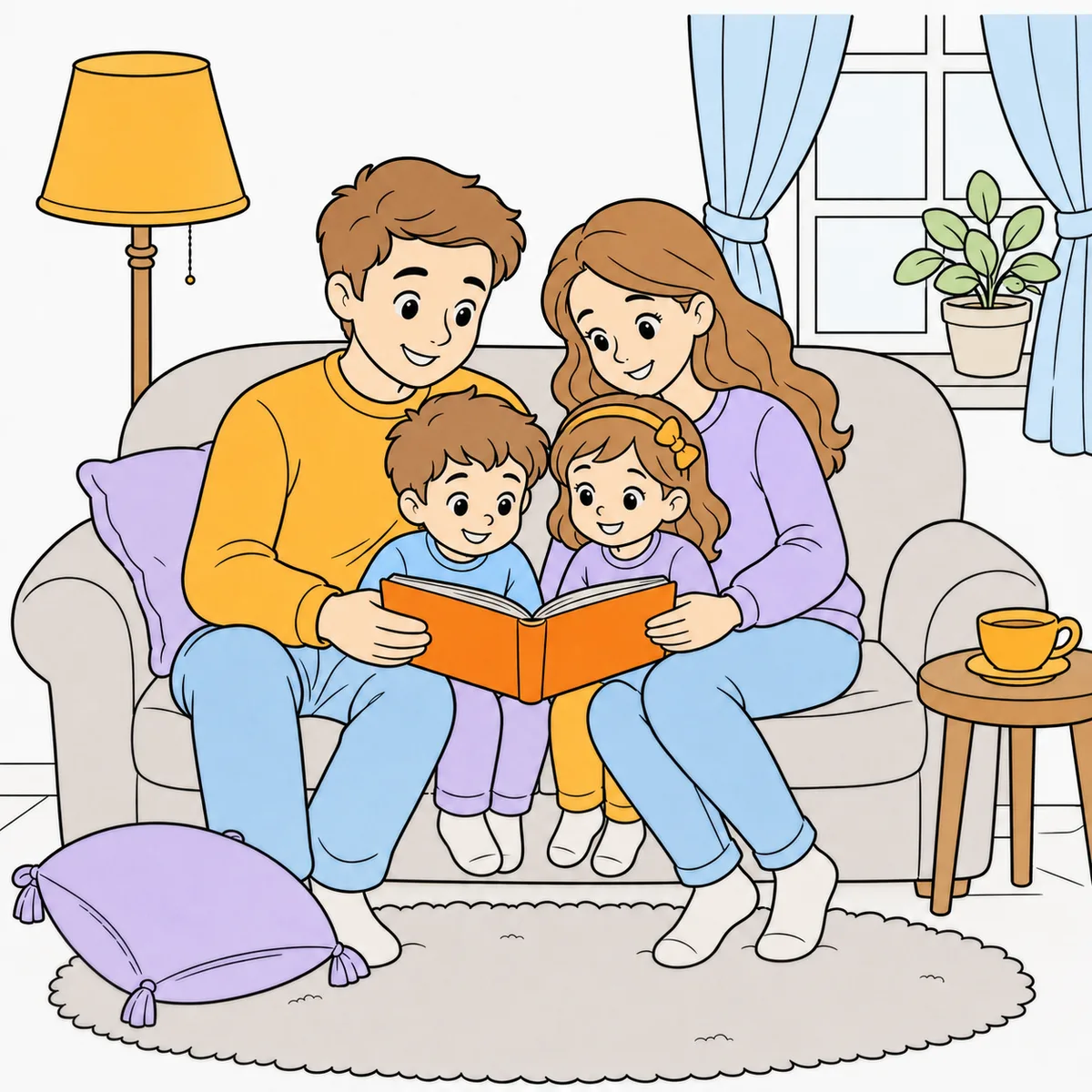 A family reading scene with a color direction