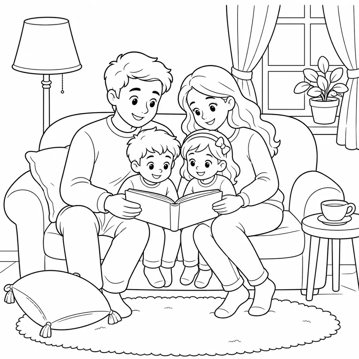 A family reading scene in line art