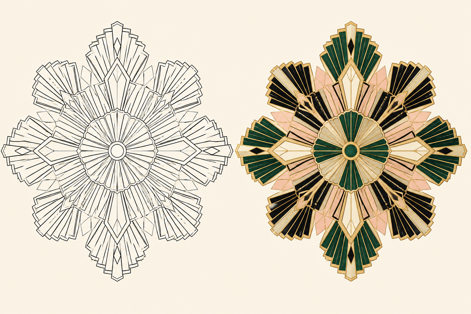 Art Deco fan mandala line art beside a finished emerald and champagne color reference