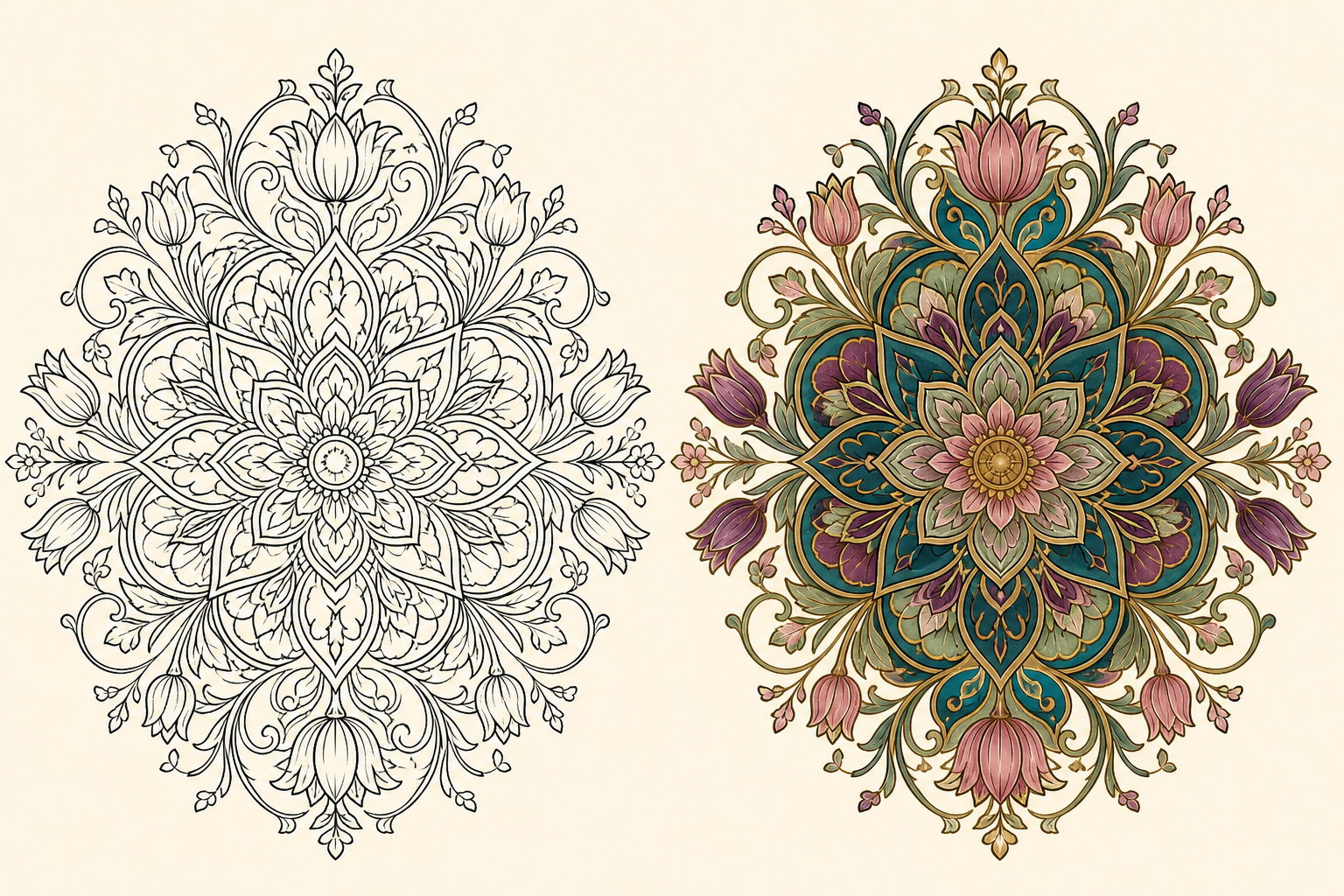 Art nouveau botanical mandala line art beside a finished garden jewel color reference