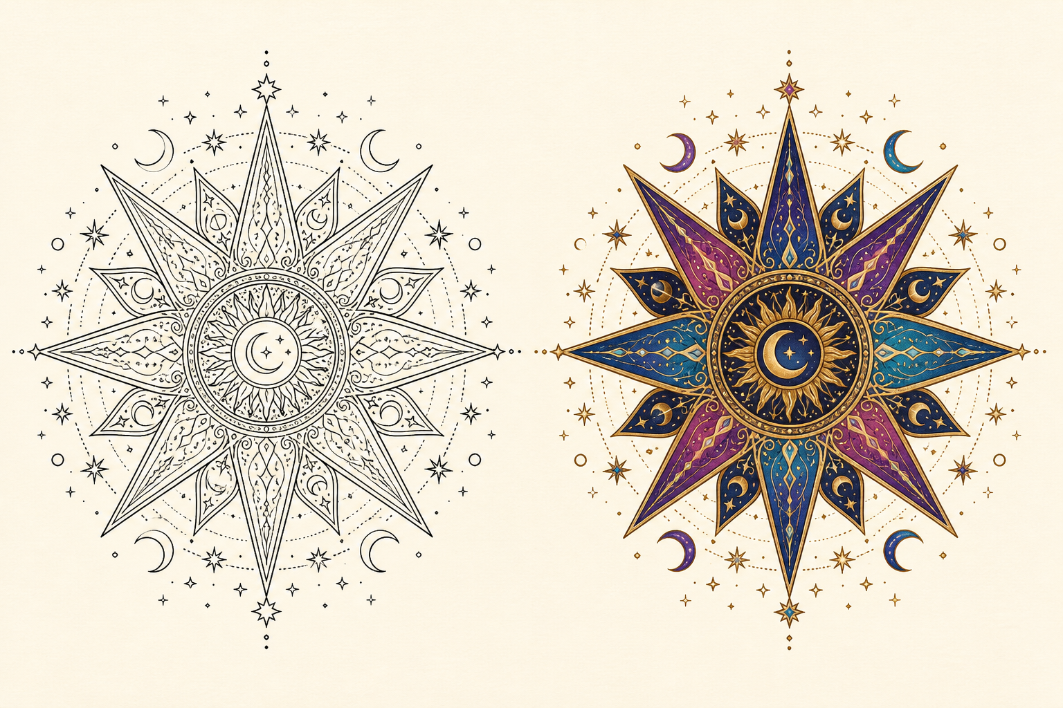 Celestial starburst mandala line art beside a finished midnight jewel color reference