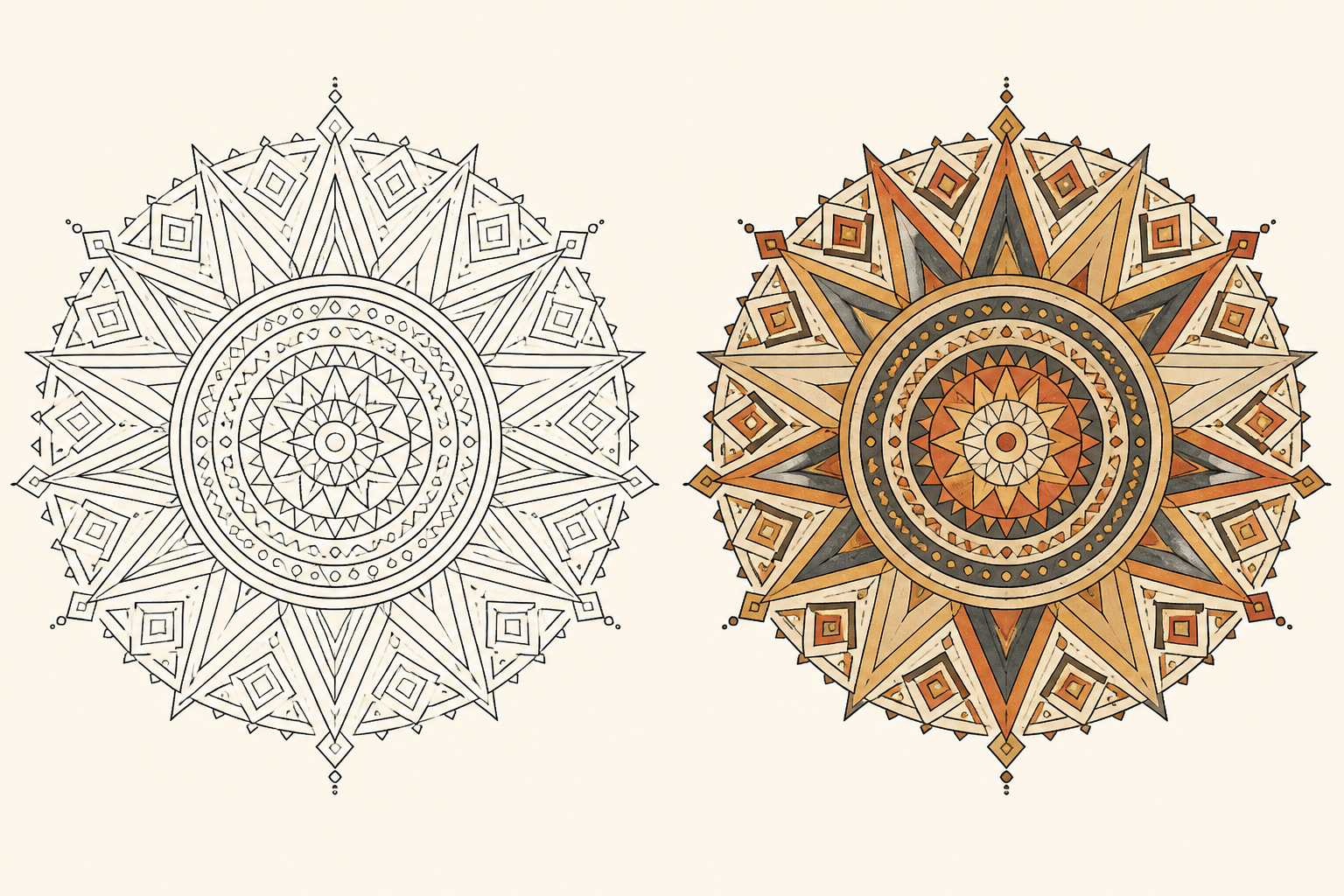 Geometric sun mandala line art beside a finished desert ember color reference