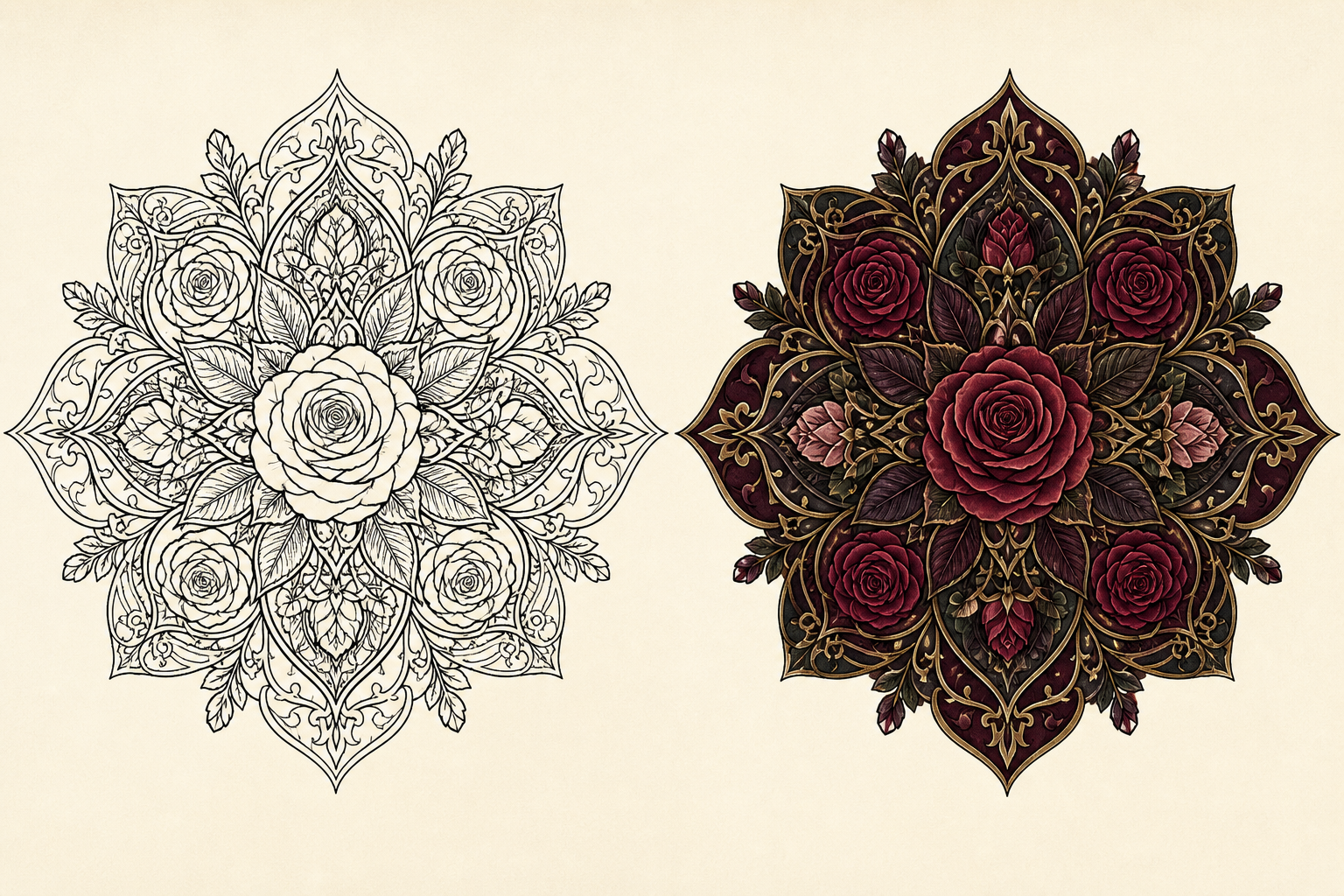 Gothic rose mandala line art beside a finished velvet rose color reference