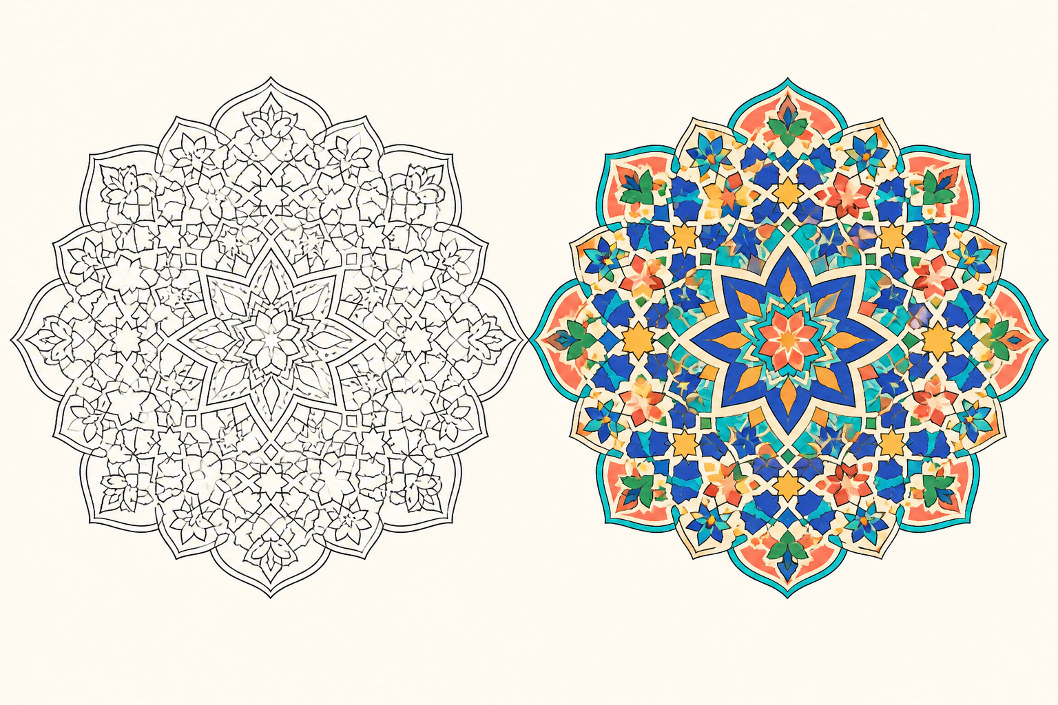 Moroccan mosaic mandala line art beside a finished cobalt and coral color reference