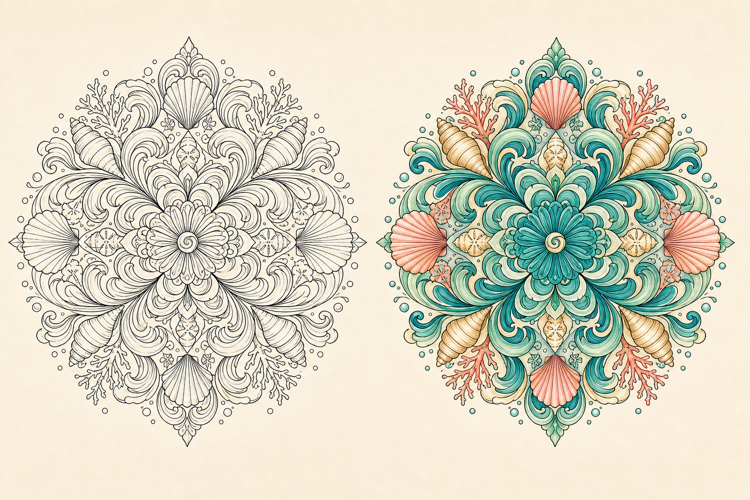 Ocean wave mandala line art beside a finished turquoise and coral color reference