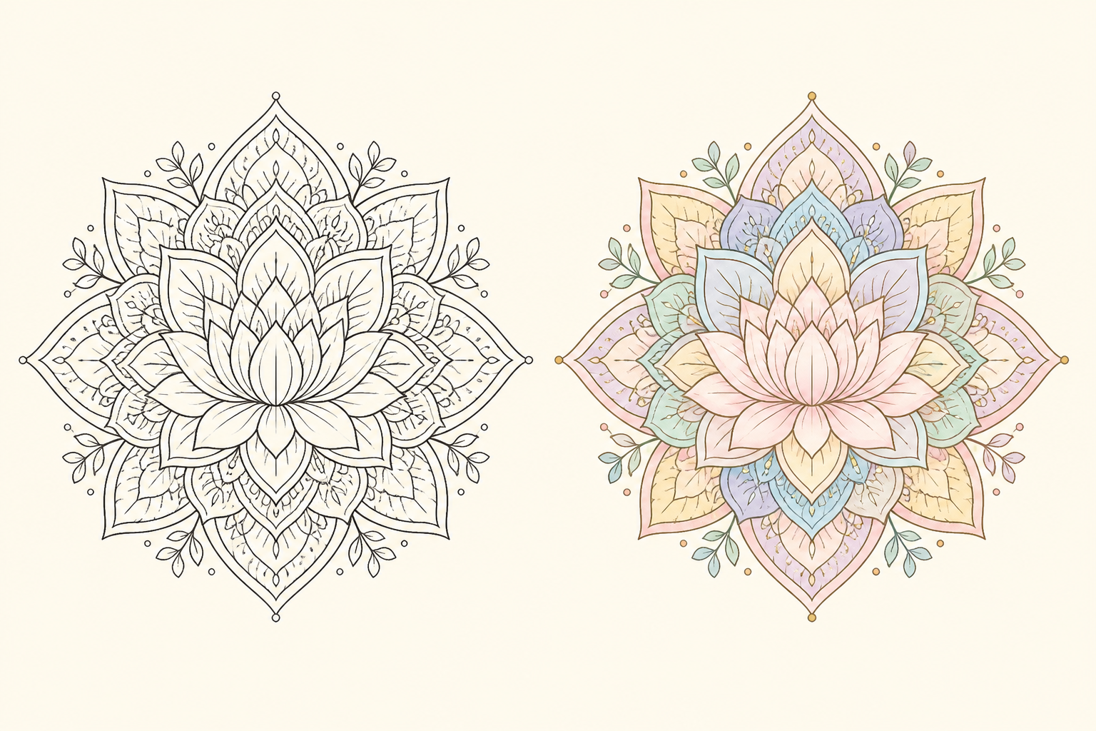 Lotus mandala line art beside a finished pastel bloom color reference