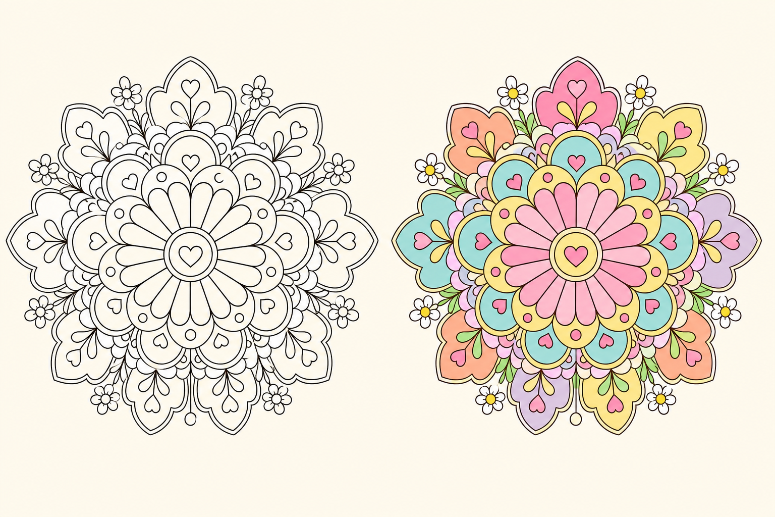 Playful flower mandala line art beside a finished candy garden color reference