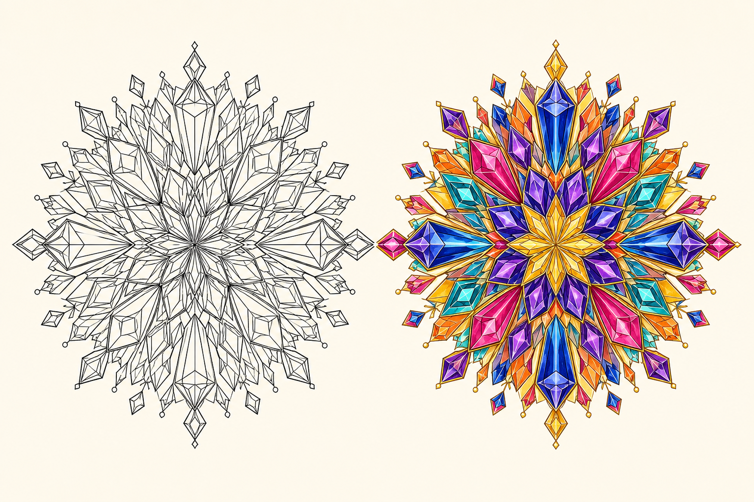 Prism kaleidoscope mandala line art beside a finished sapphire and fuchsia color reference